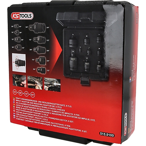 Werkzeugkasten mit KS TOOLS Logo. Geöffnet mit verschiedenen Adaptern in Schwarz, sowie einige Anwendungsbeispiele.